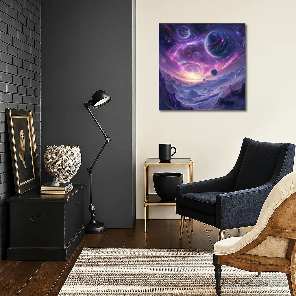 Fantasy Space Planets Purple Galaxy Mountains Art – Wall Art