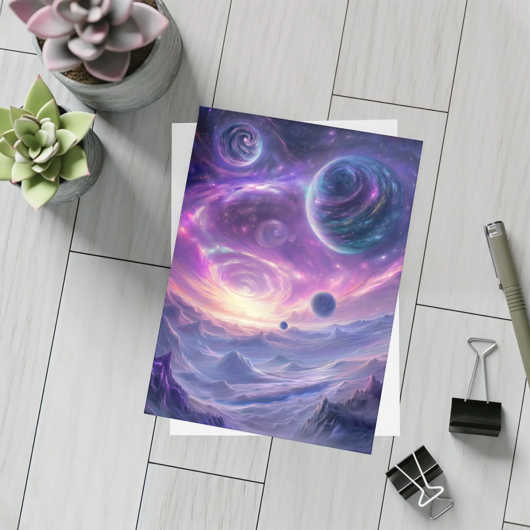Fantasy Space Planets Purple Galaxy Mountains Art – Postcards