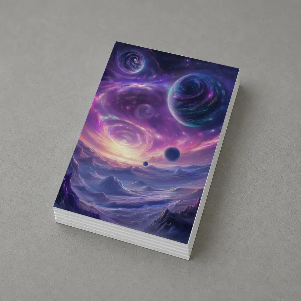 Fantasy Space Planets Purple Galaxy Mountains Art – Postcards