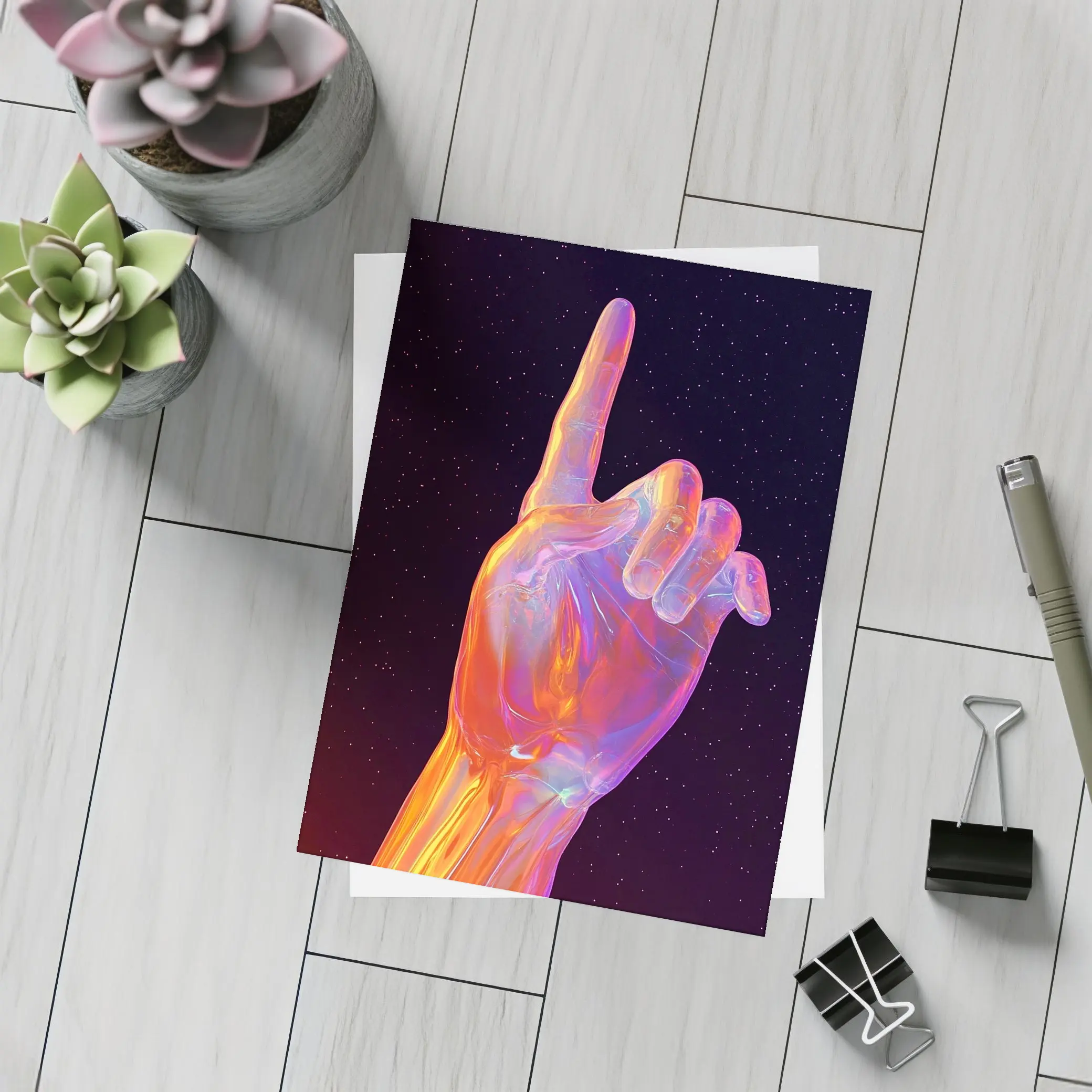 Holographic Glass Hand Pointing Starry Night – Postcards