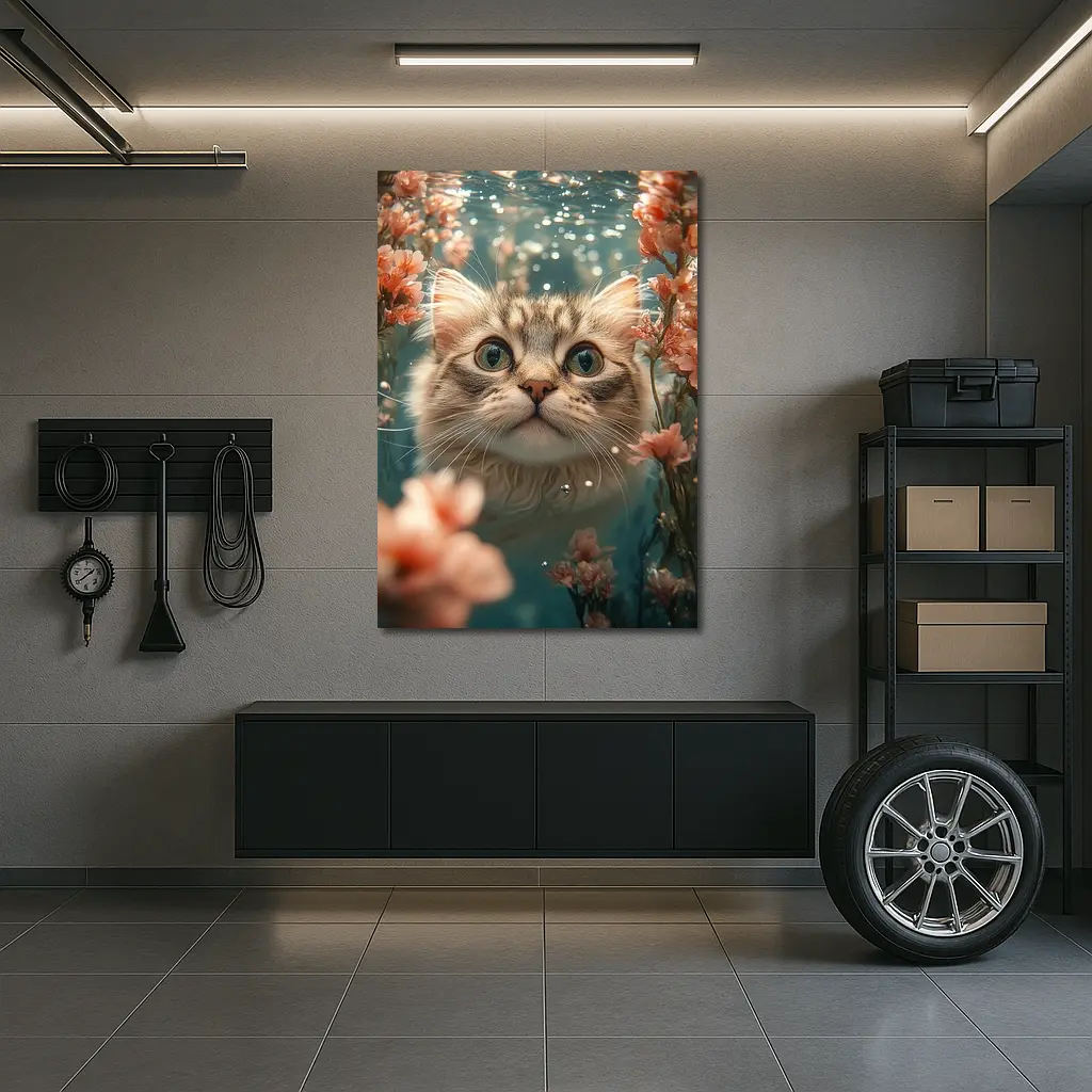 Curious Cat Underwater Among Pink Flowers – Wall Art