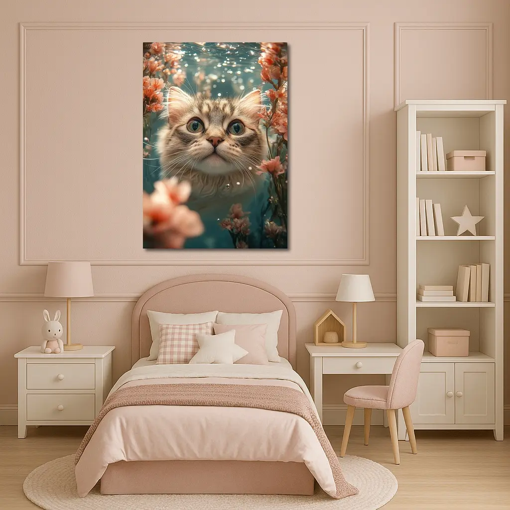 Curious Cat Underwater Among Pink Flowers – Wall Art