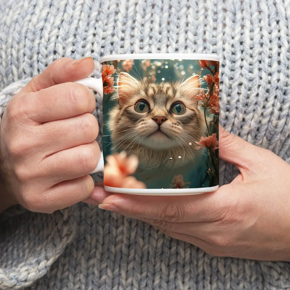Curious Cat Underwater Among Pink Flowers – Mugs