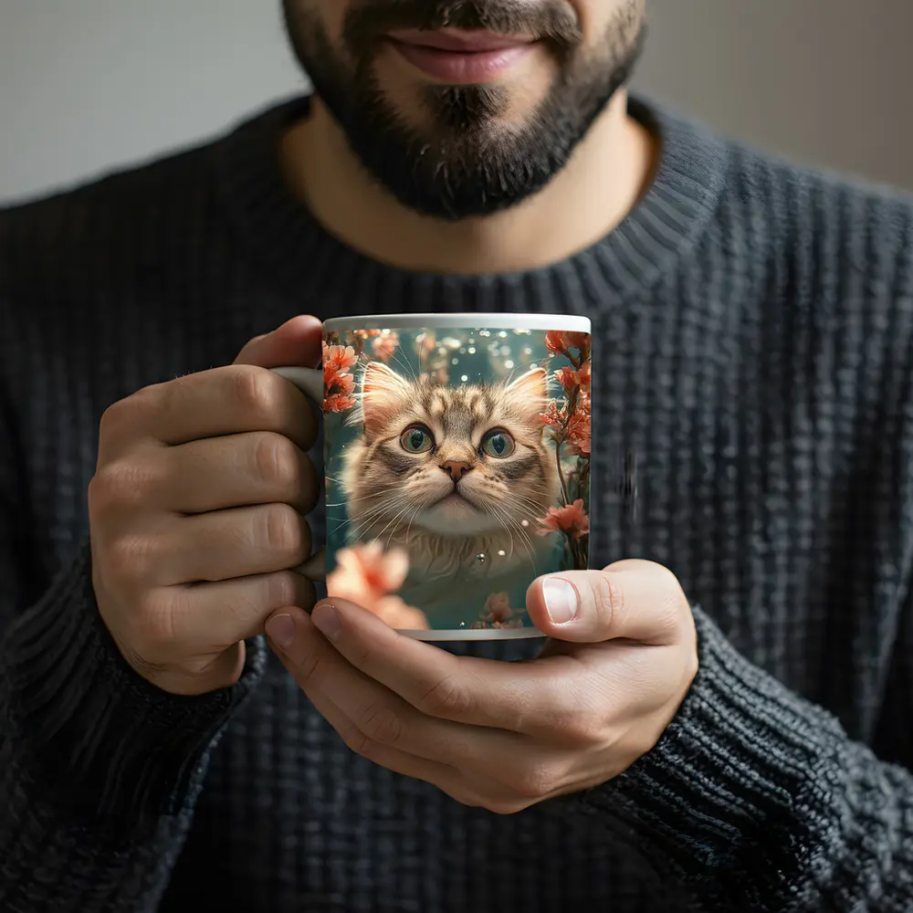 Curious Cat Underwater Among Pink Flowers – Mugs
