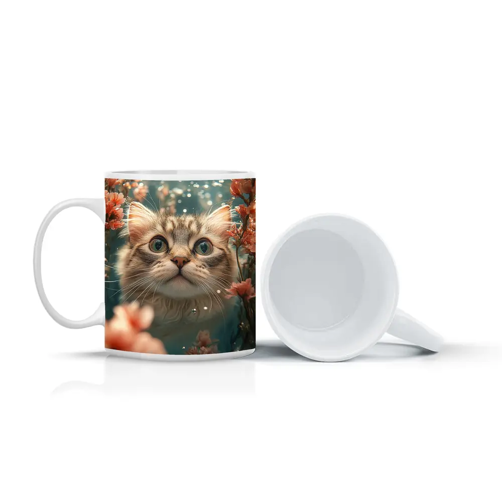 Curious Cat Underwater Among Pink Flowers – Mugs
