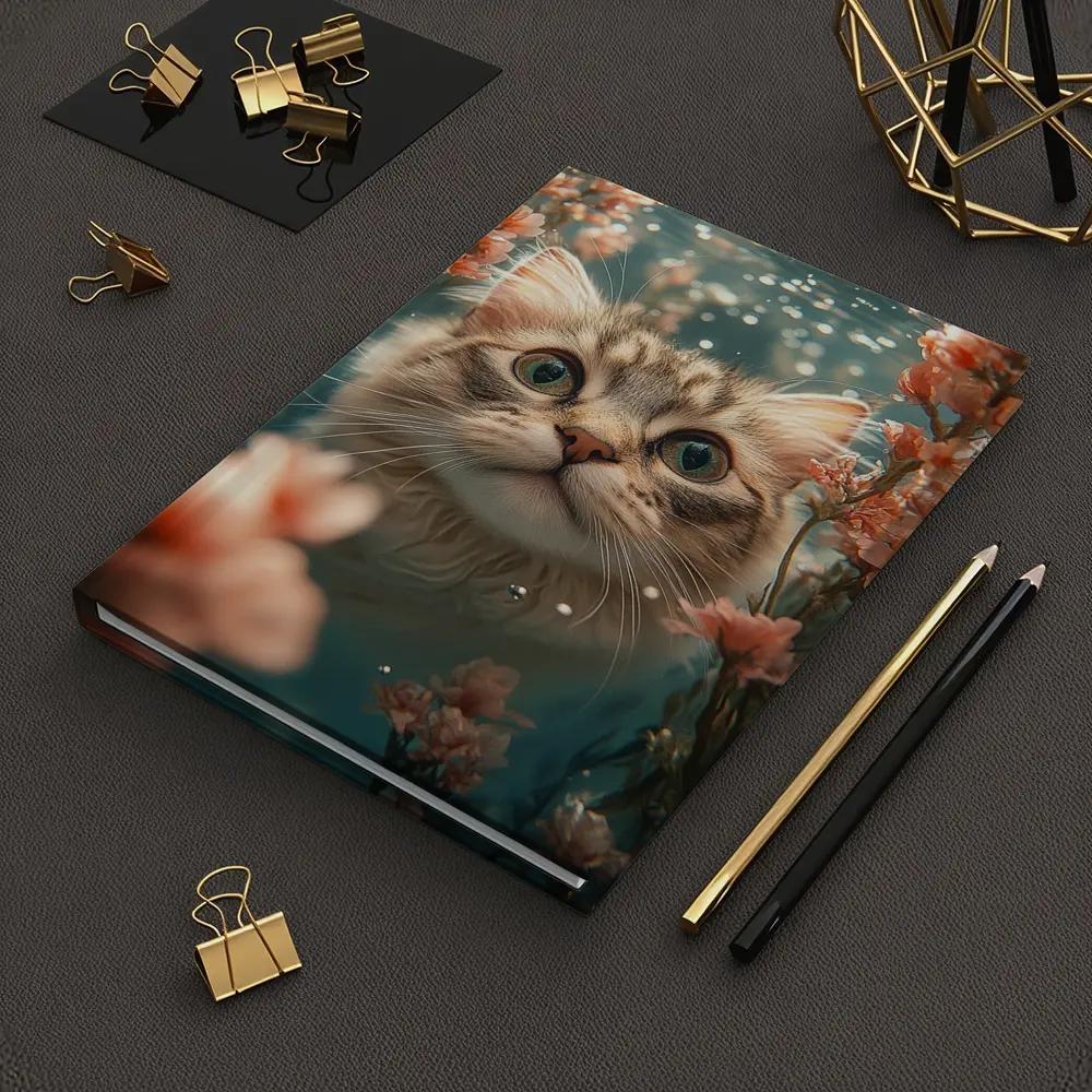 Curious Cat Underwater Among Pink Flowers – Notebooks