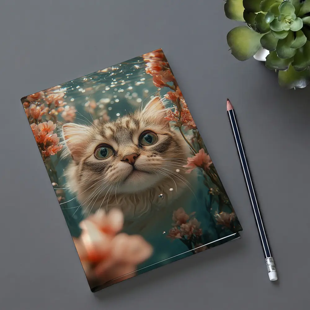Curious Cat Underwater Among Pink Flowers – Notebooks
