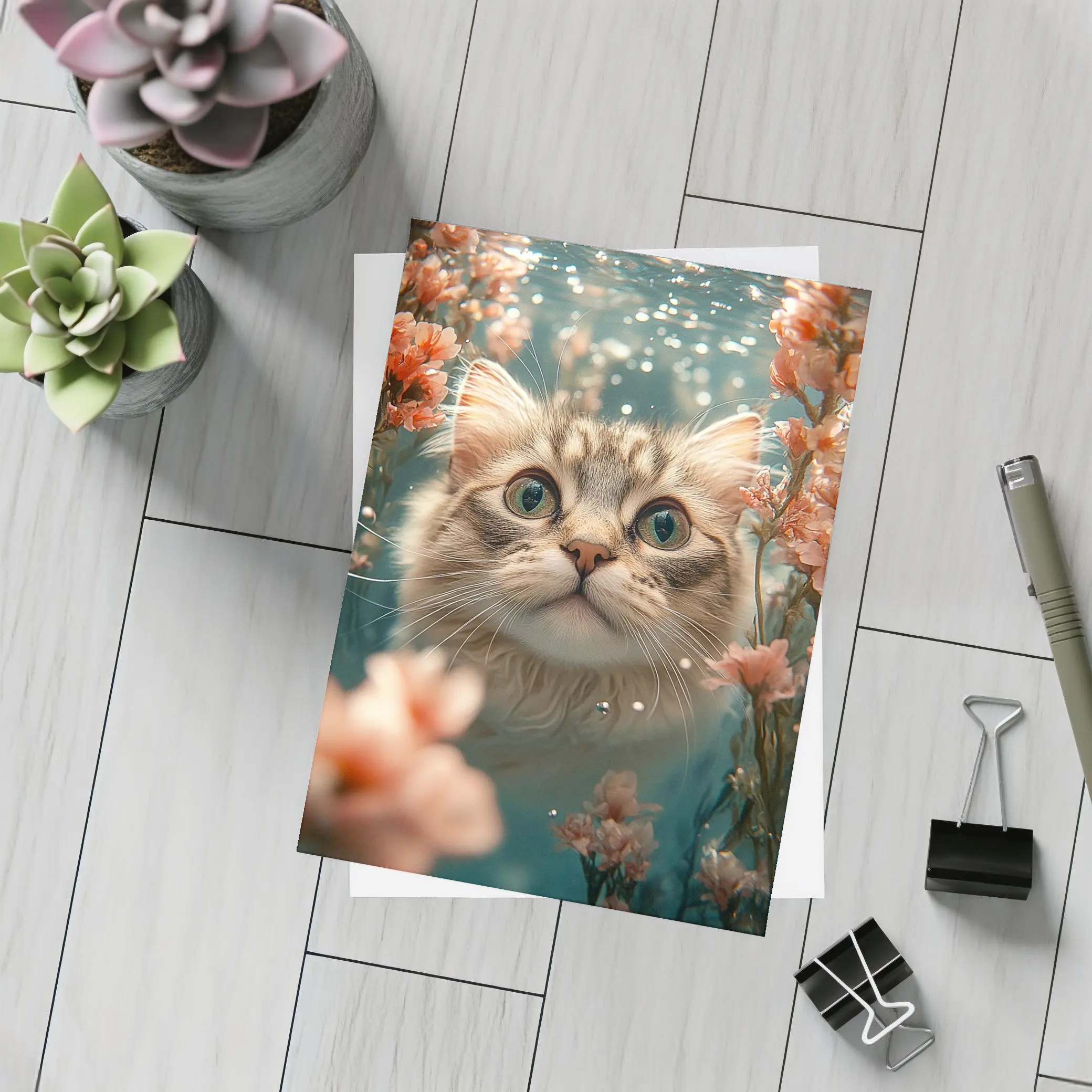 Curious Cat Underwater Among Pink Flowers – Postcards