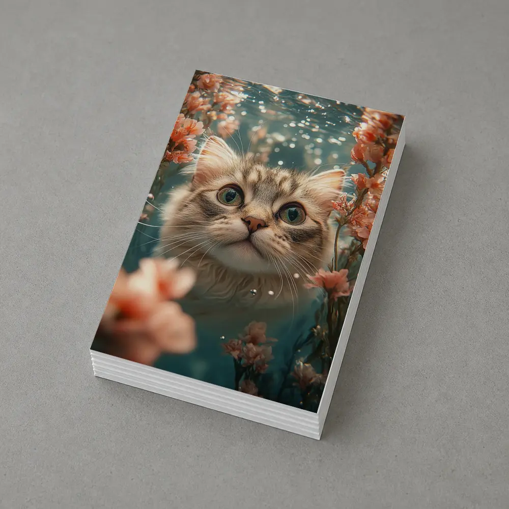 Curious Cat Underwater Among Pink Flowers – Postcards