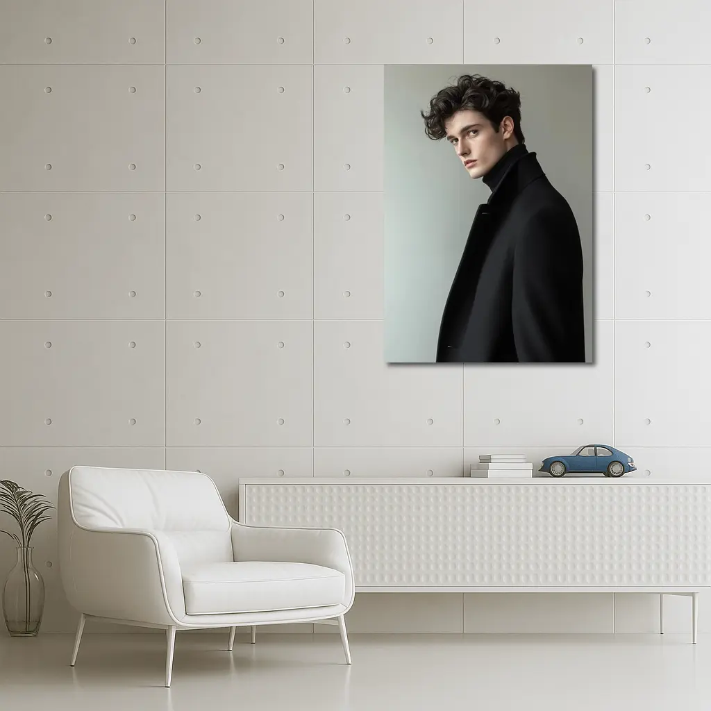 Young Man Black Coat Minimal Gray Background – Wall Art