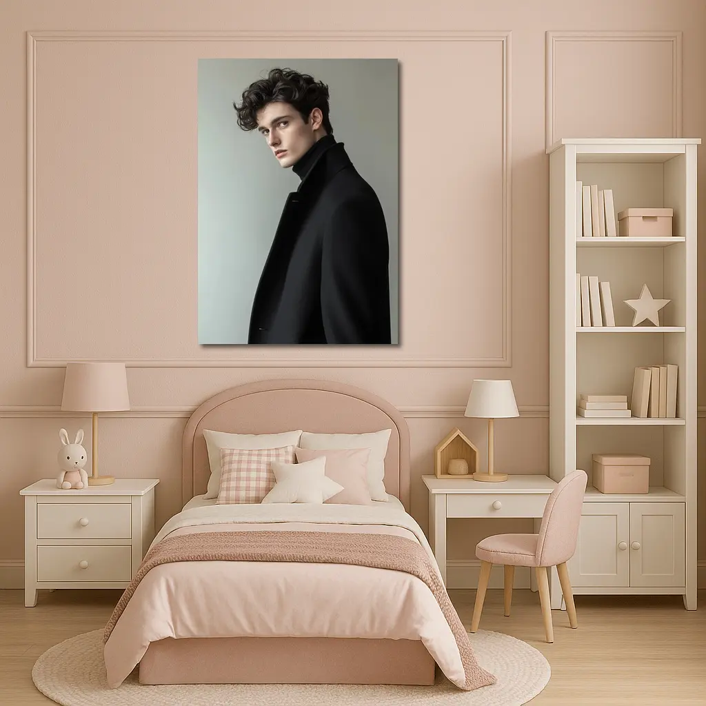 Young Man Black Coat Minimal Gray Background – Wall Art