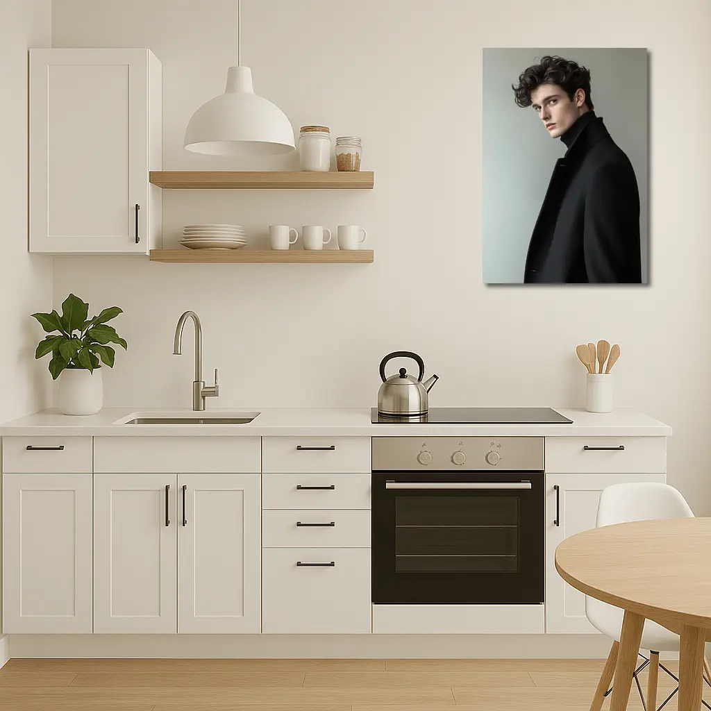 Young Man Black Coat Minimal Gray Background – Wall Art