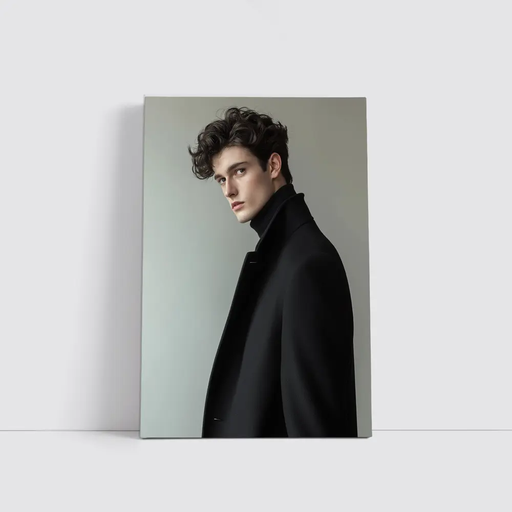 Young Man Black Coat Minimal Gray Background – Wall Art