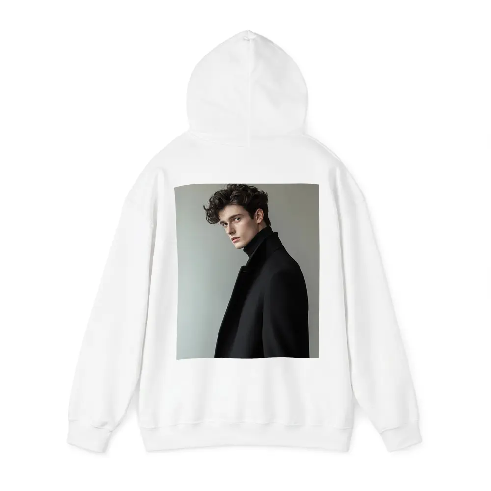 Young Man Black Coat Minimal Gray Background – Hoodies