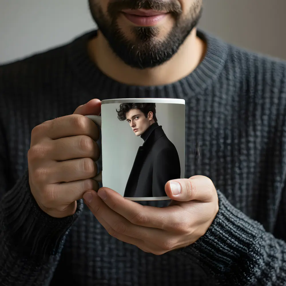 Young Man Black Coat Minimal Gray Background – Mugs