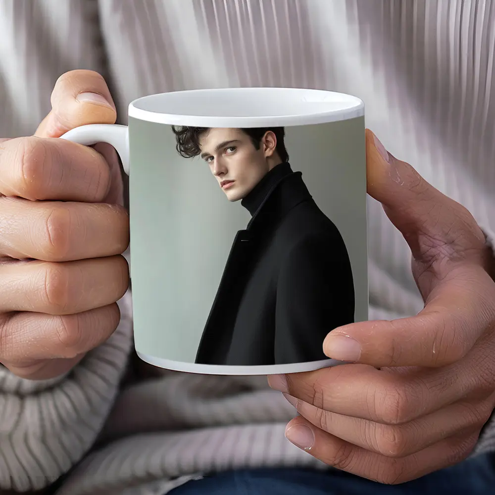 Young Man Black Coat Minimal Gray Background – Mugs