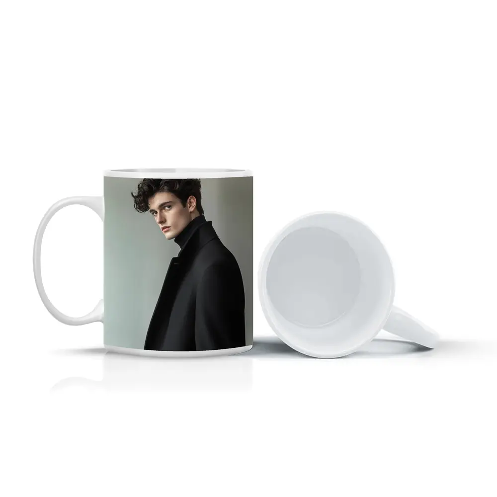 Young Man Black Coat Minimal Gray Background – Mugs