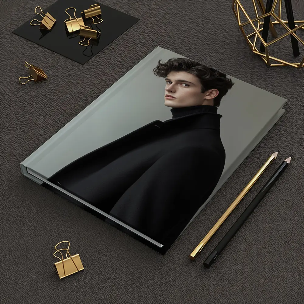 Young Man Black Coat Minimal Gray Background – Notebooks