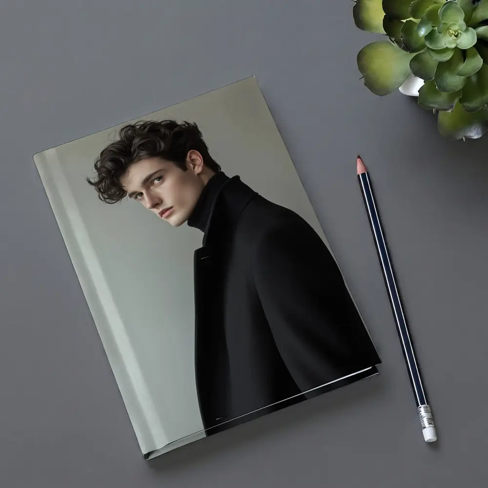 Young Man Black Coat Minimal Gray Background – Notebooks