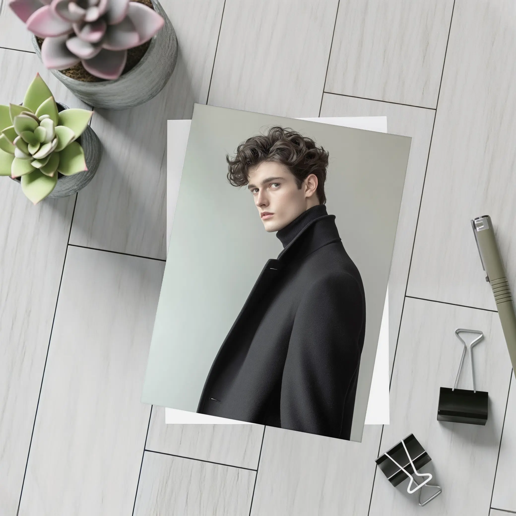 Young Man Black Coat Minimal Gray Background – Postcards