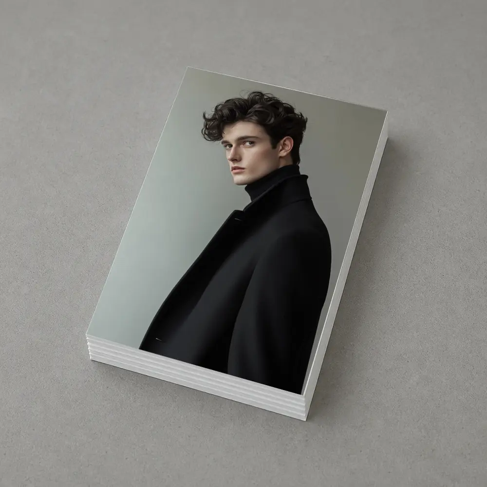 Young Man Black Coat Minimal Gray Background – Postcards