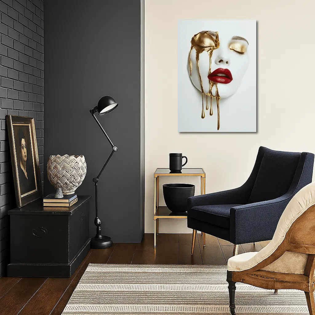 White Mask Gold Drip Red Lips Art – Wall Art