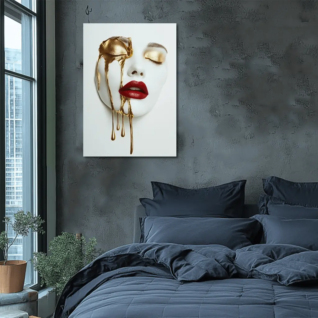 White Mask Gold Drip Red Lips Art – Wall Art