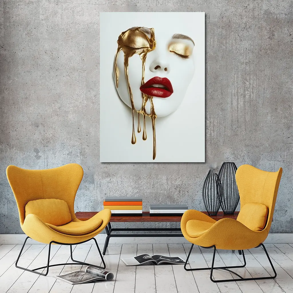 White Mask Gold Drip Red Lips Art – Wall Art
