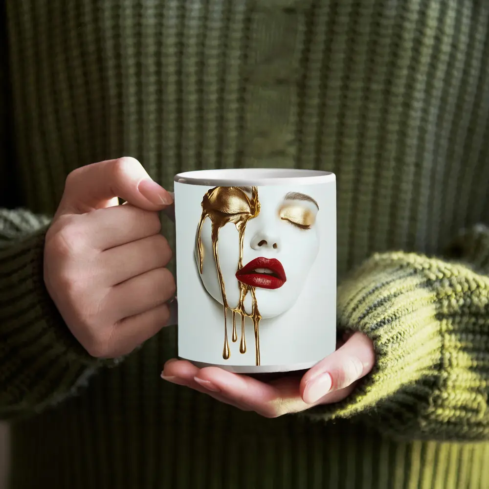 White Mask Gold Drip Red Lips Art – Mugs