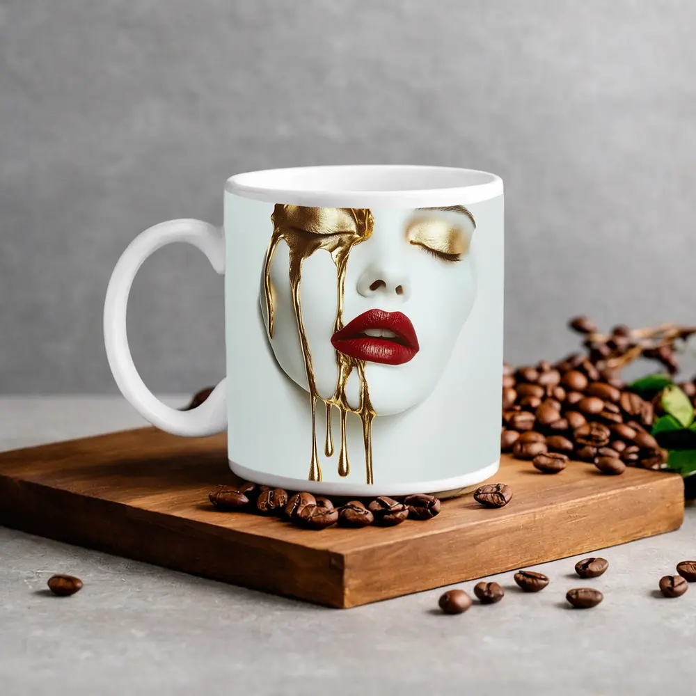 White Mask Gold Drip Red Lips Art – Mugs