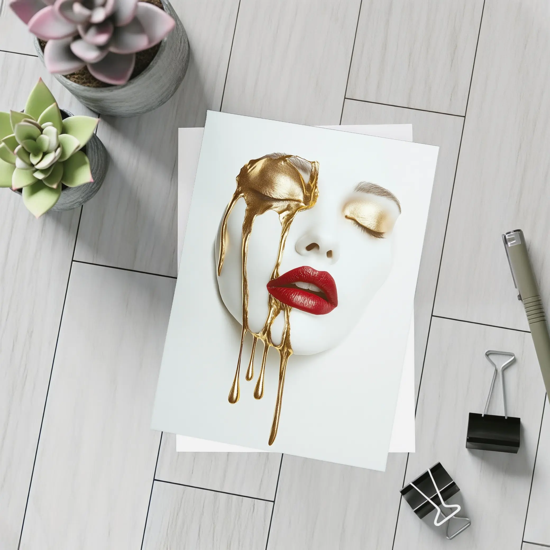 White Mask Gold Drip Red Lips Art – Postcards