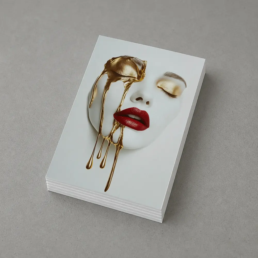 White Mask Gold Drip Red Lips Art – Postcards