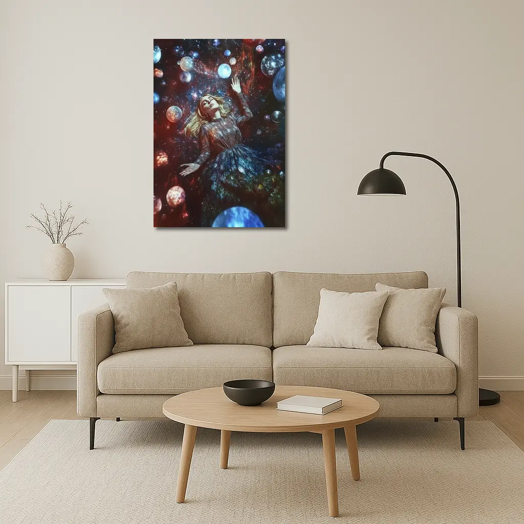Woman Floating Among Glowing Cosmic Planets – Wall Art