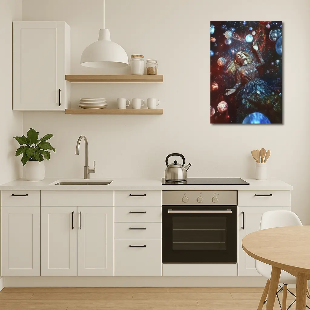 Woman Floating Among Glowing Cosmic Planets – Wall Art