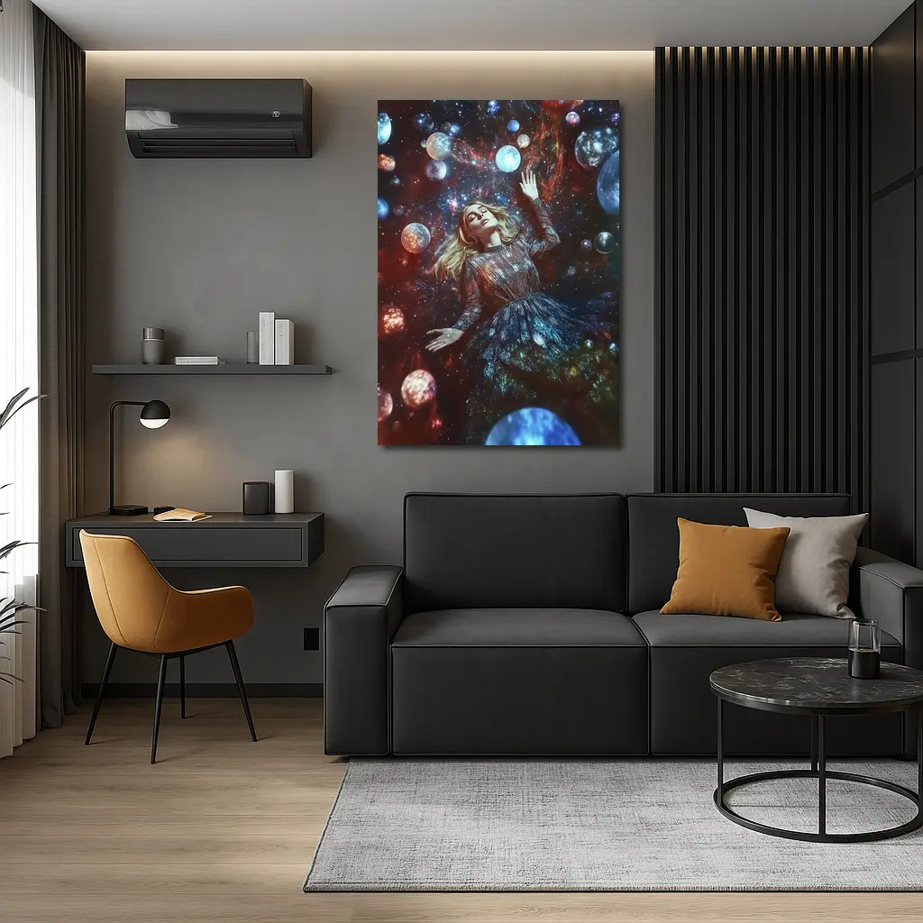 Woman Floating Among Glowing Cosmic Planets – Wall Art