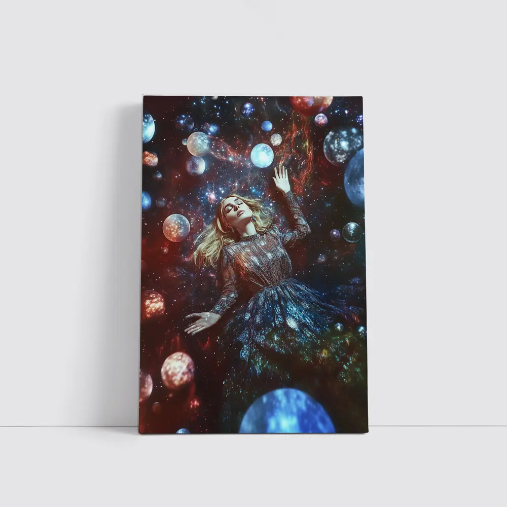 Woman Floating Among Glowing Cosmic Planets – Wall Art