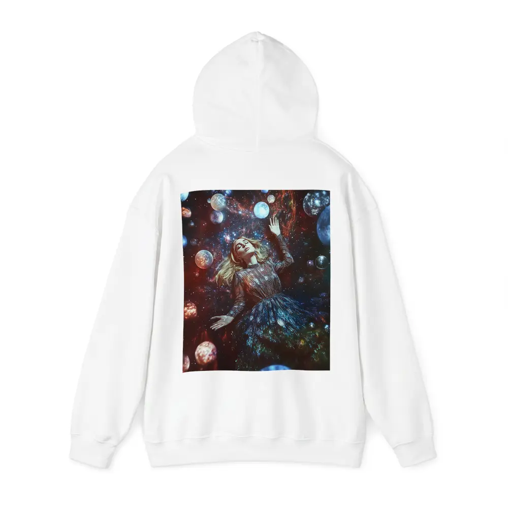 Woman Floating Among Glowing Cosmic Planets – Hoodies