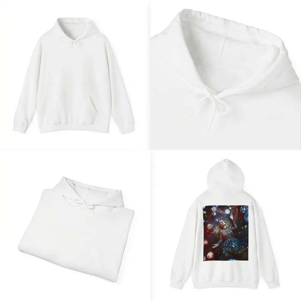 Woman Floating Among Glowing Cosmic Planets – Hoodies