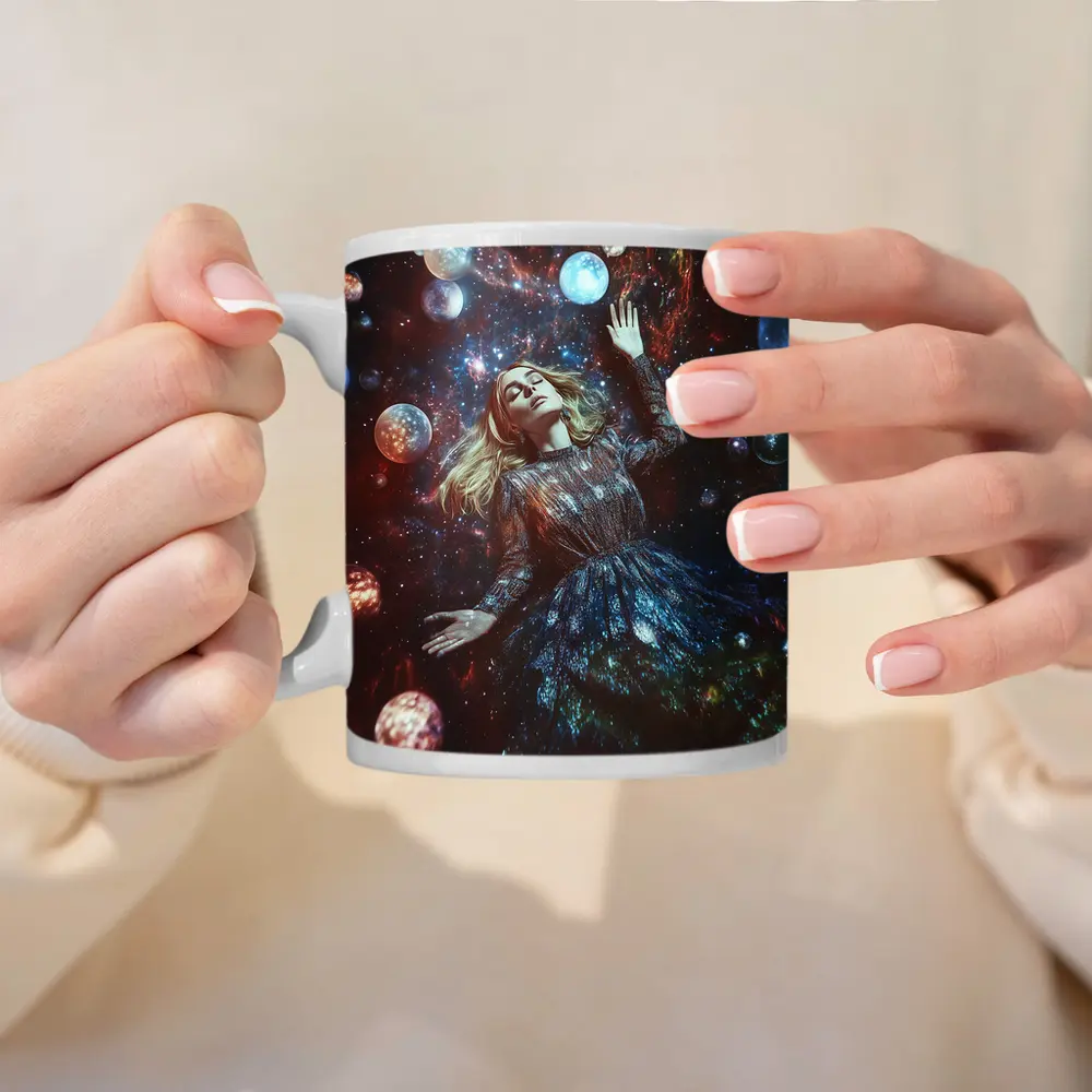 Woman Floating Among Glowing Cosmic Planets – Mugs