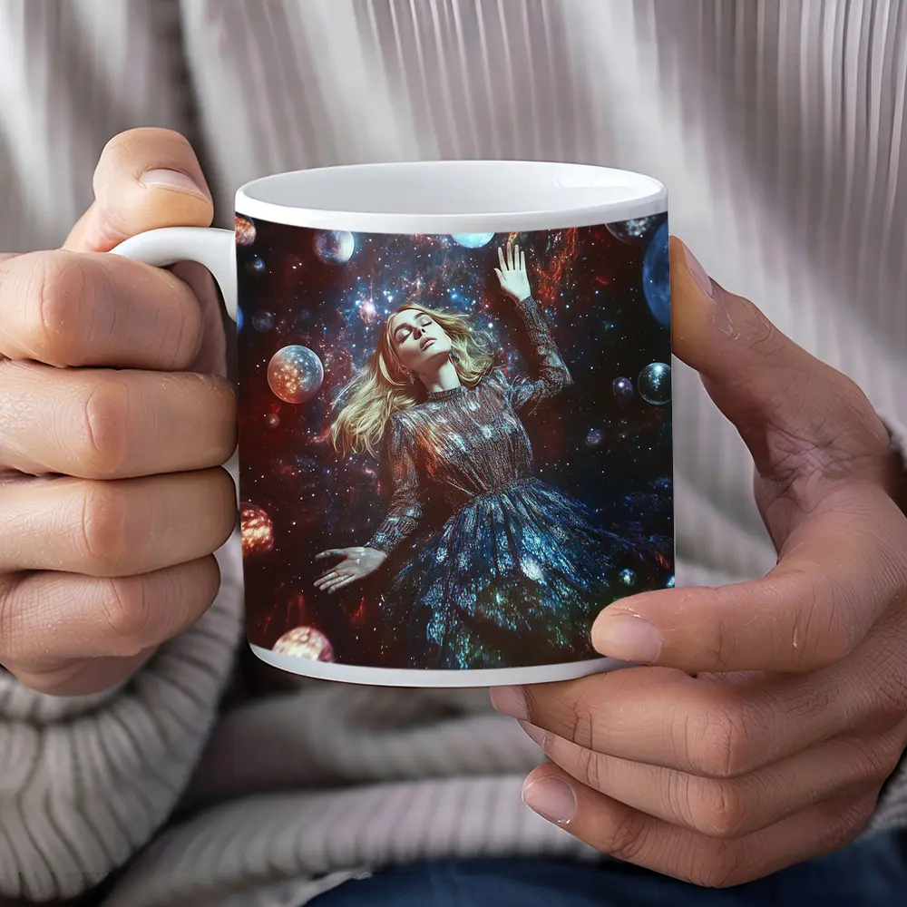 Woman Floating Among Glowing Cosmic Planets – Mugs