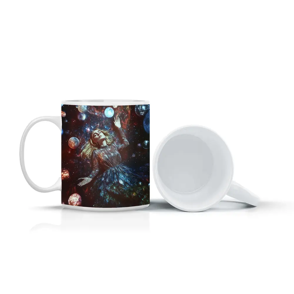 Woman Floating Among Glowing Cosmic Planets – Mugs