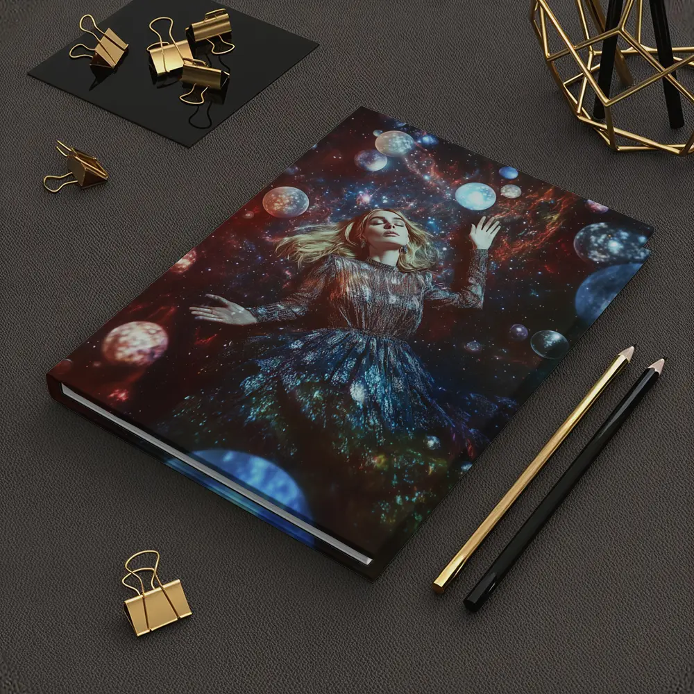 Woman Floating Among Glowing Cosmic Planets – Notebooks