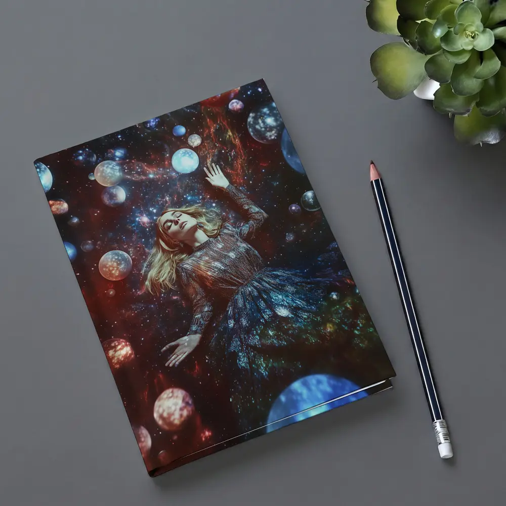 Woman Floating Among Glowing Cosmic Planets – Notebooks