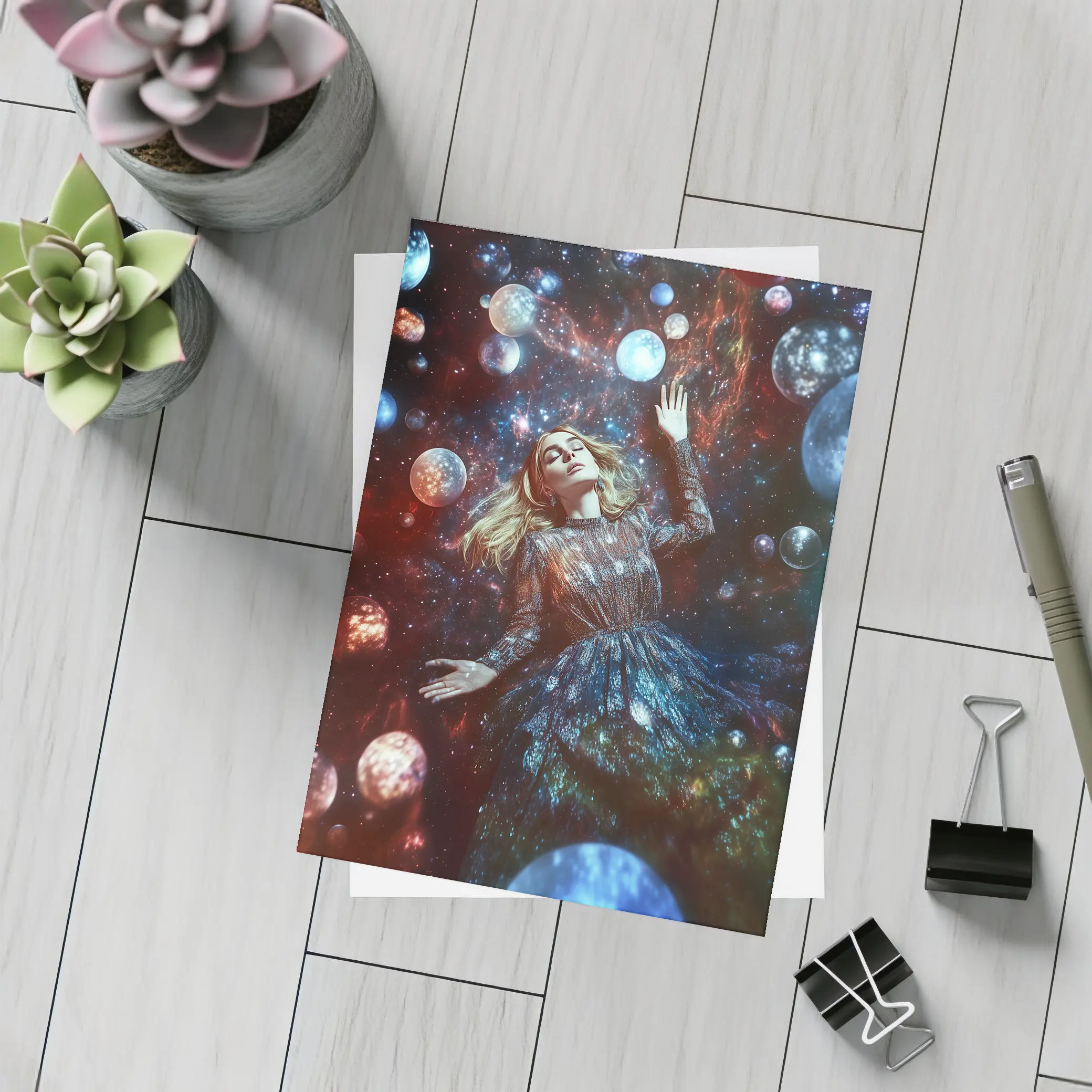 Woman Floating Among Glowing Cosmic Planets – Postcards