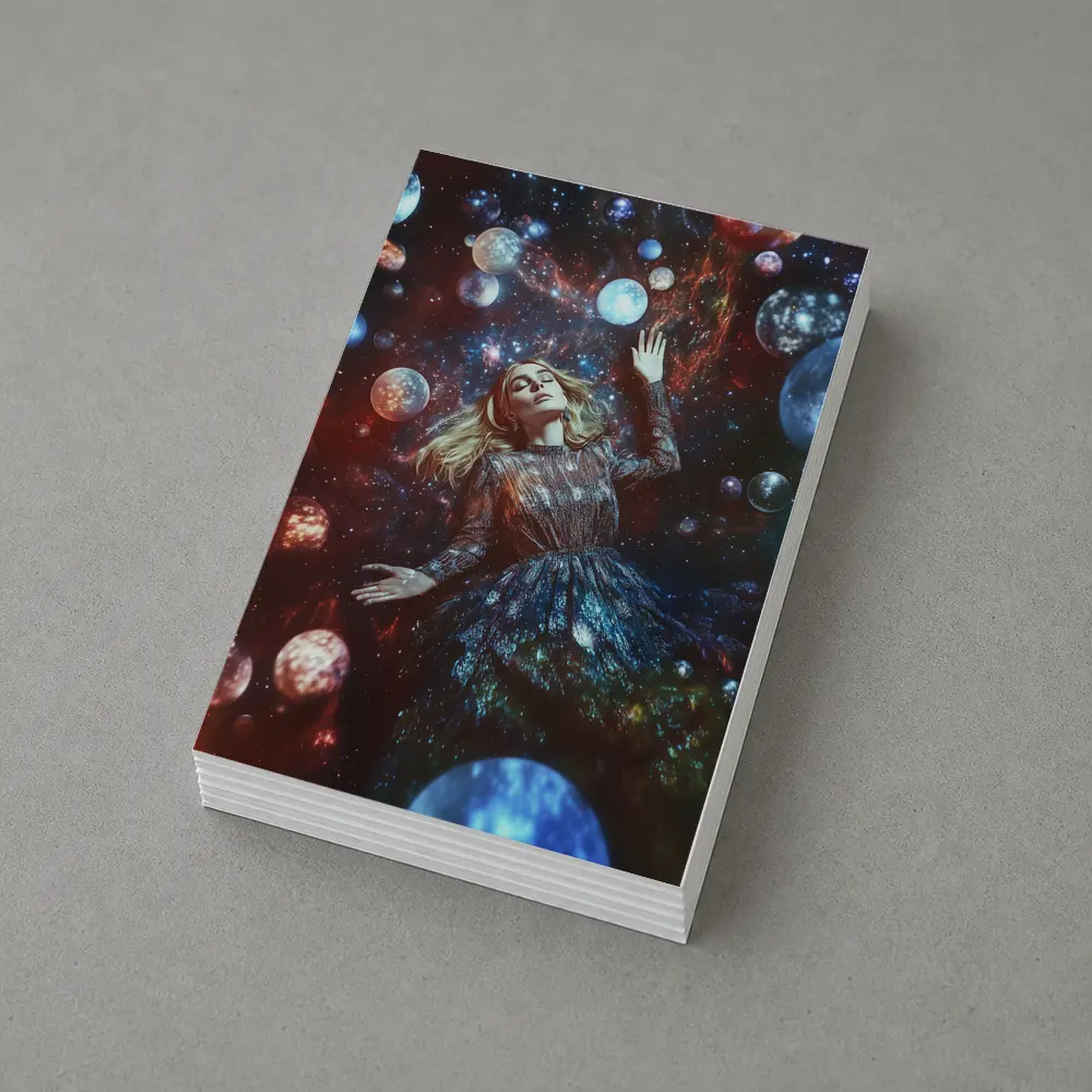 Woman Floating Among Glowing Cosmic Planets – Postcards