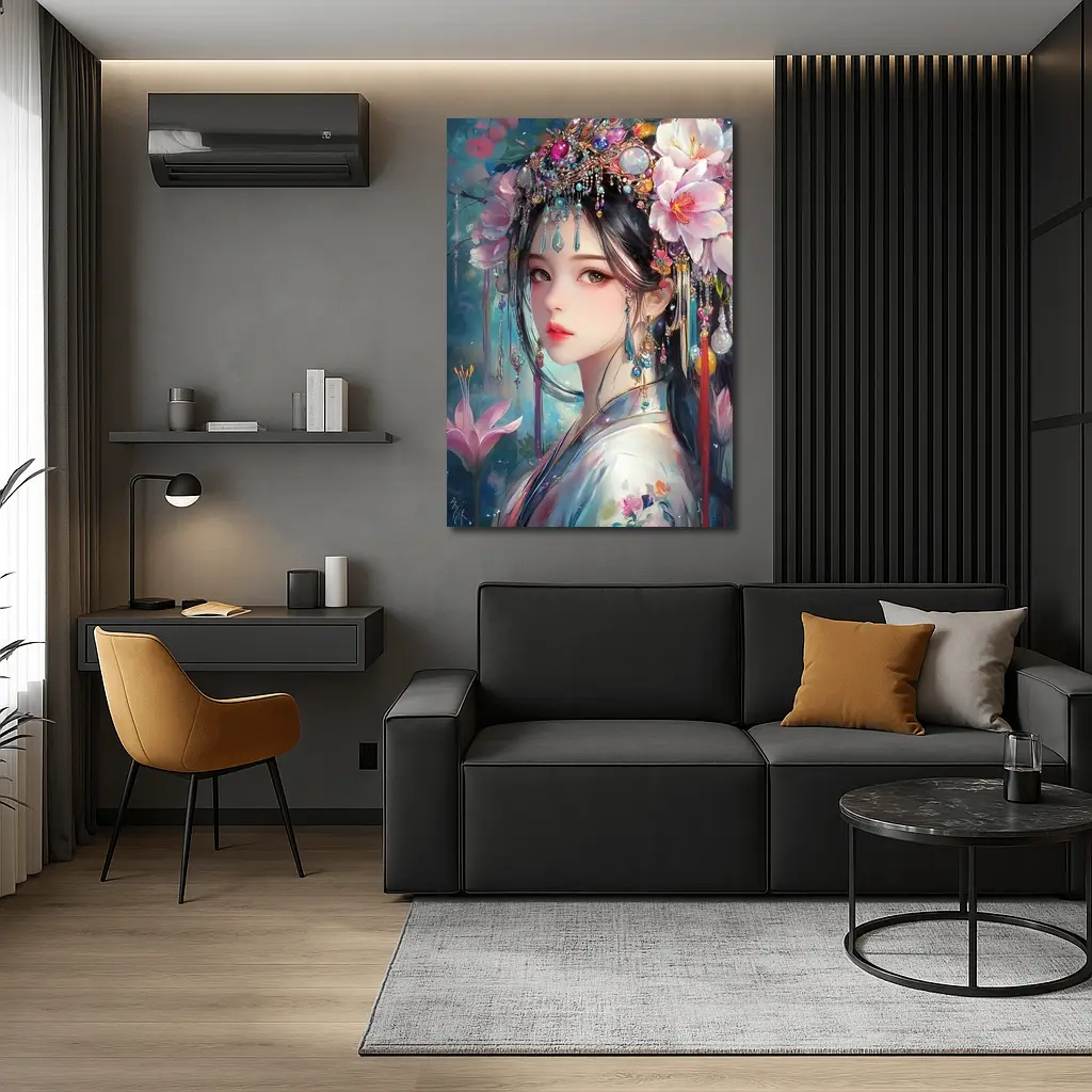Chinese Fantasy Girl Floral Jeweled Headdress Art – Wall Art