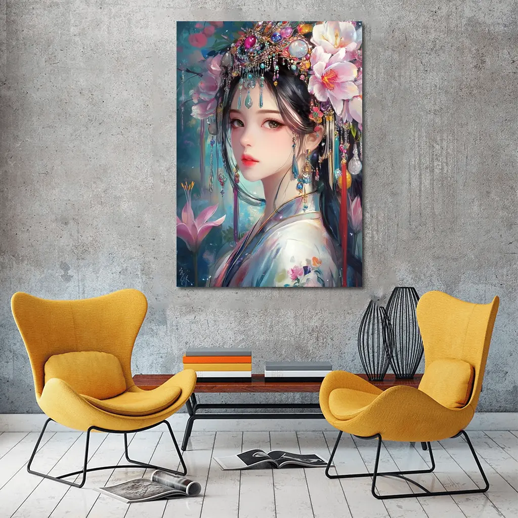 Chinese Fantasy Girl Floral Jeweled Headdress Art – Wall Art