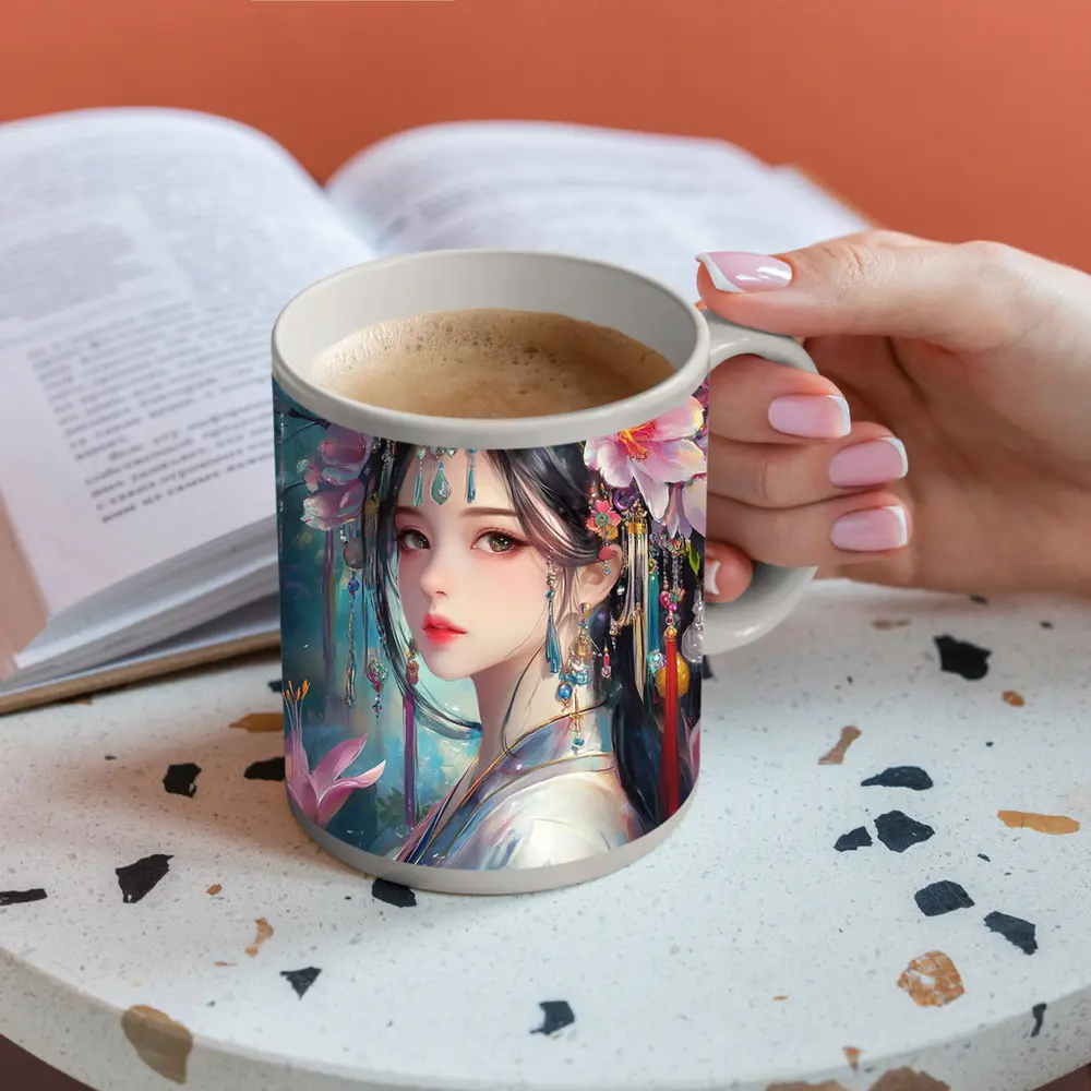 Chinese Fantasy Girl Floral Jeweled Headdress Art – Mugs