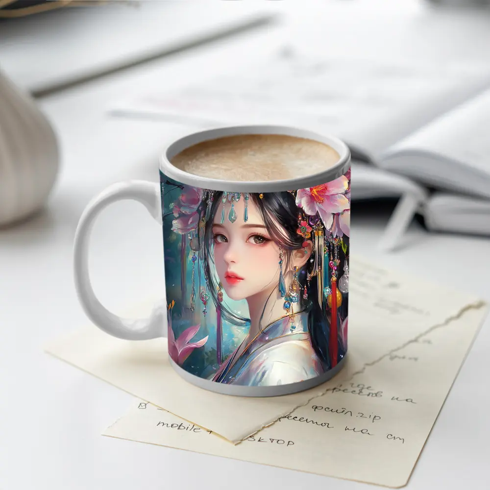 Chinese Fantasy Girl Floral Jeweled Headdress Art – Mugs