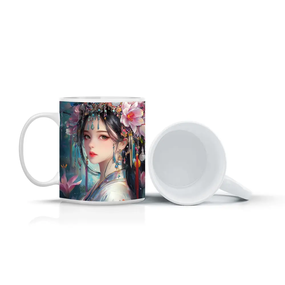 Chinese Fantasy Girl Floral Jeweled Headdress Art – Mugs